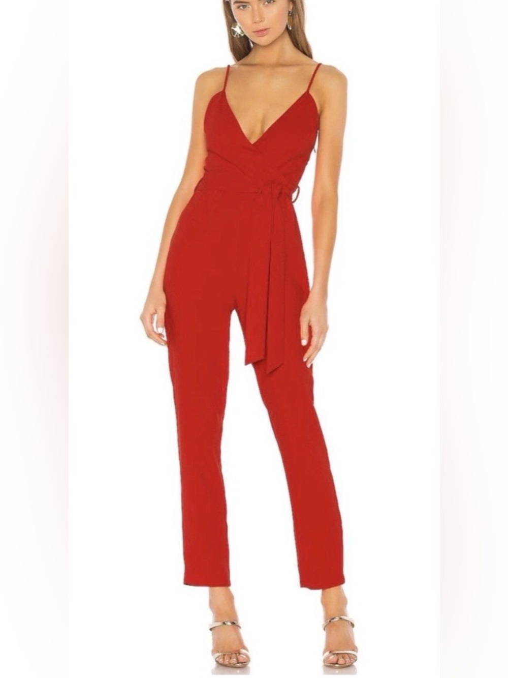 NBD Revolve Kelli Lace Trim Wrap Jumpsuit – Red – XS